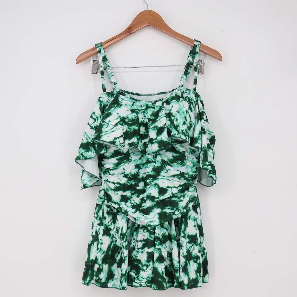 Cocopear Swim Dress Womens Large Green Tie-Dye Cold Shoulder Ruffle Excellent